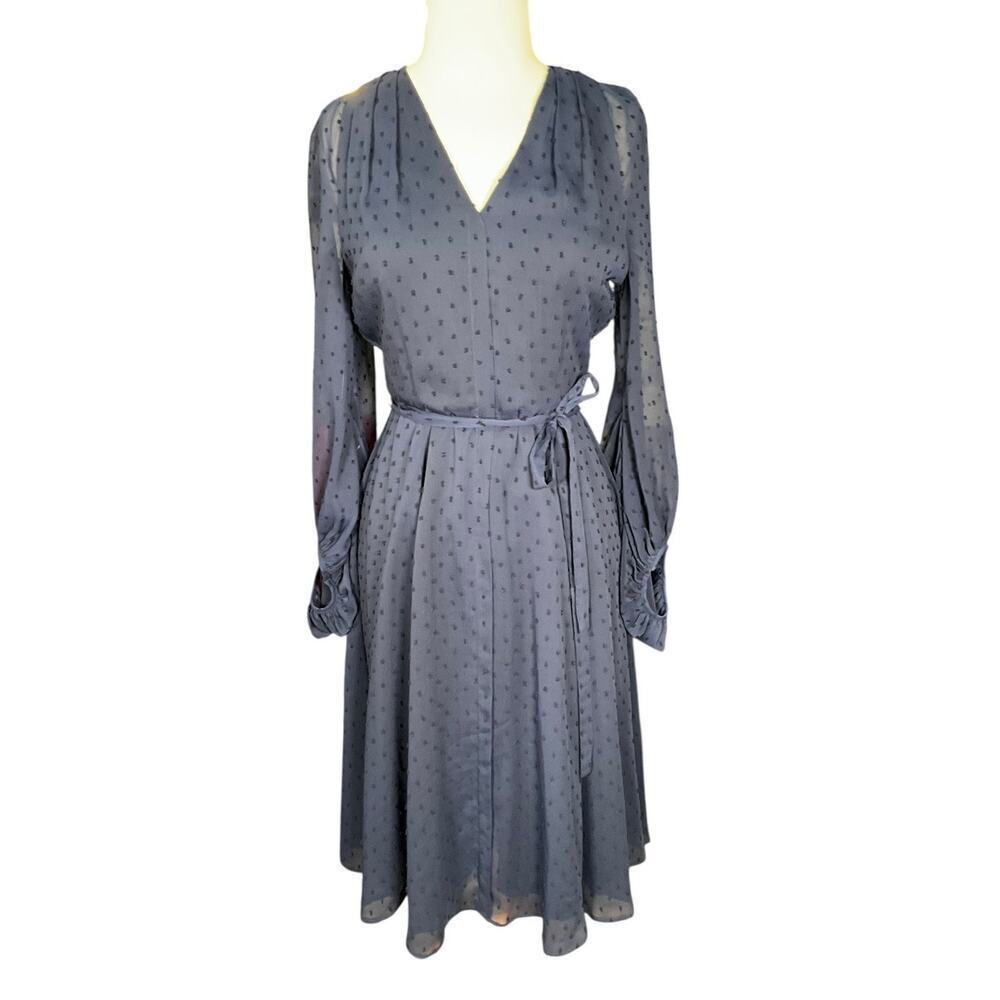 Gal Meets Glam Size 4 Navy Swiss Dot Belted Midi Sheer Elegant Old Money Classic